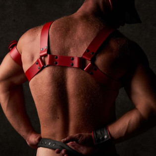 Alpha Fist - Powerful leather harness in red|SAXOS.NET LEATHER|TV|Harnais BDSM